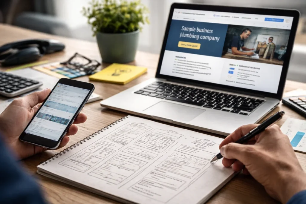 Laptop with pen and paper